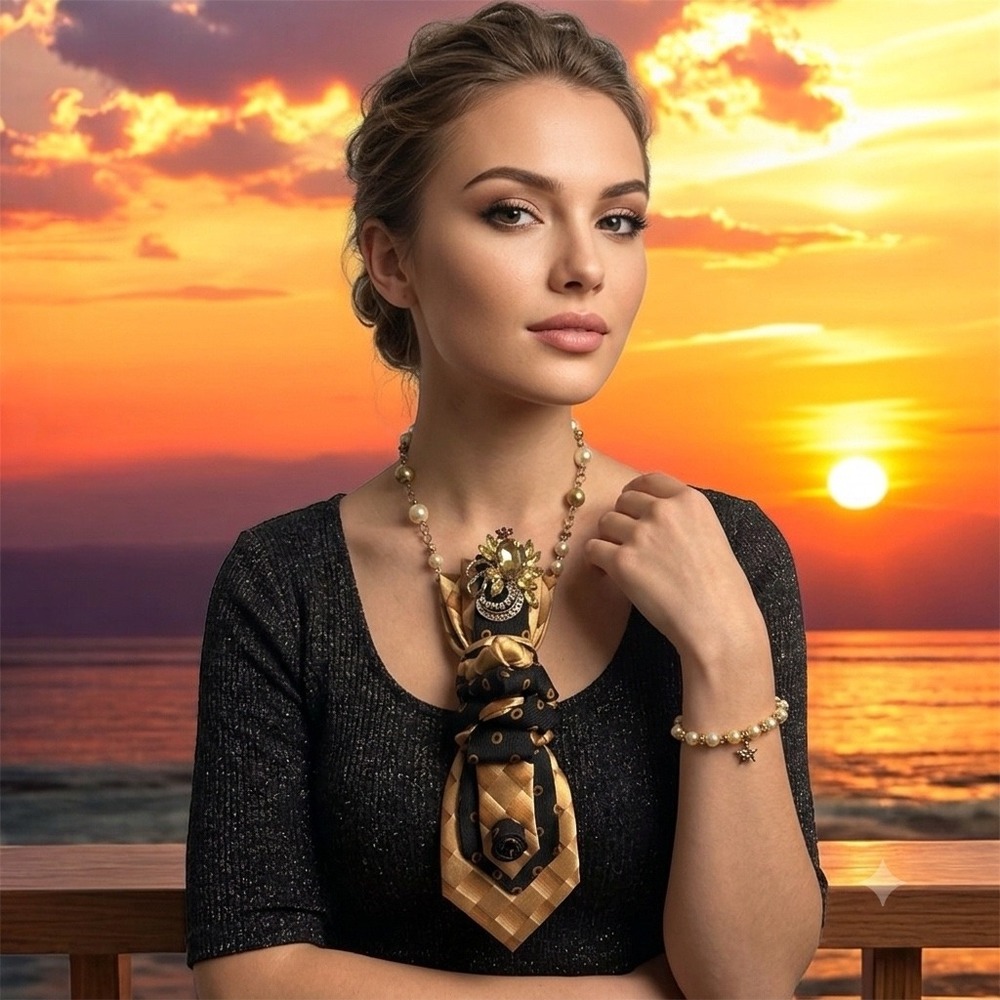Arrow Upcycled Silk Tie Statement Necklace Brooch & Butterfly Bracelet Set Gold